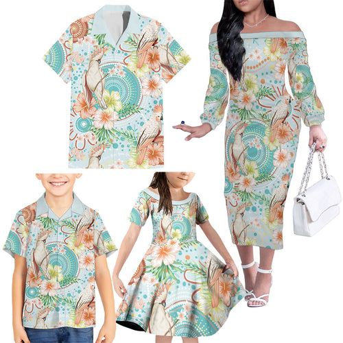 Australia Pink Cockatoo Aboriginal Art Family Matching Off The Shoulder Long Sleeve Dress and Hawaiian Shirt Tropical Hibiscus Floral Style