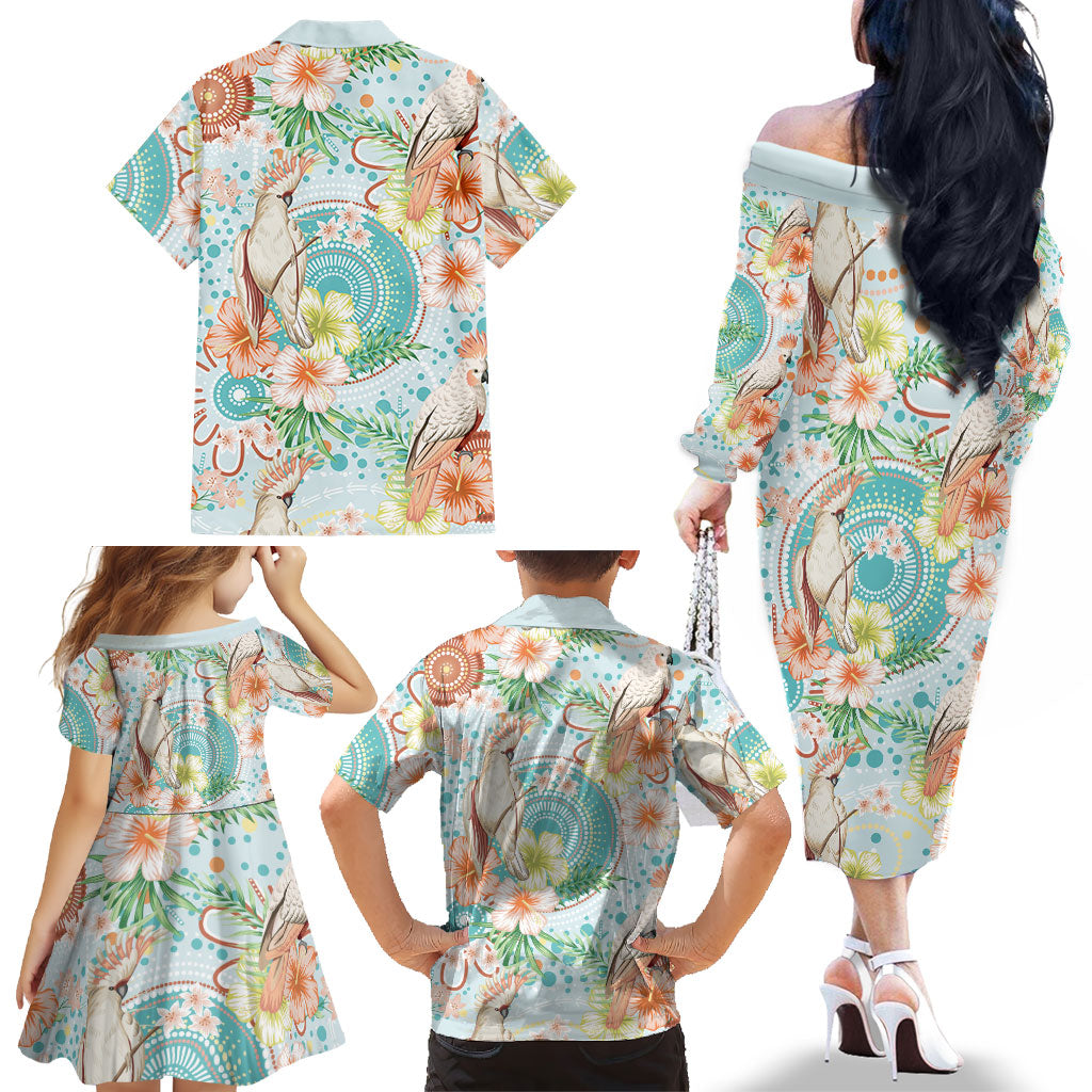 Australia Pink Cockatoo Aboriginal Art Family Matching Off The Shoulder Long Sleeve Dress and Hawaiian Shirt Tropical Hibiscus Floral Style