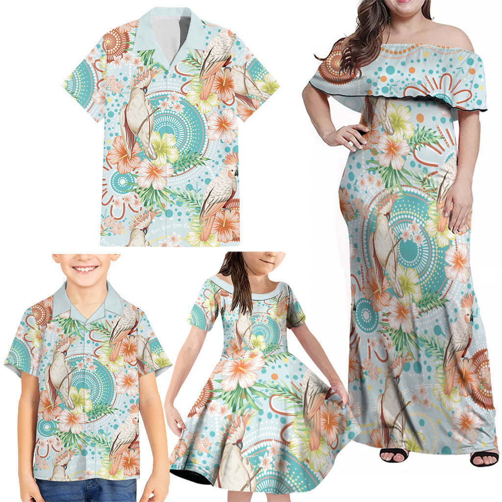 Australia Pink Cockatoo Aboriginal Art Family Matching Off Shoulder Maxi Dress and Hawaiian Shirt Tropical Hibiscus Floral Style