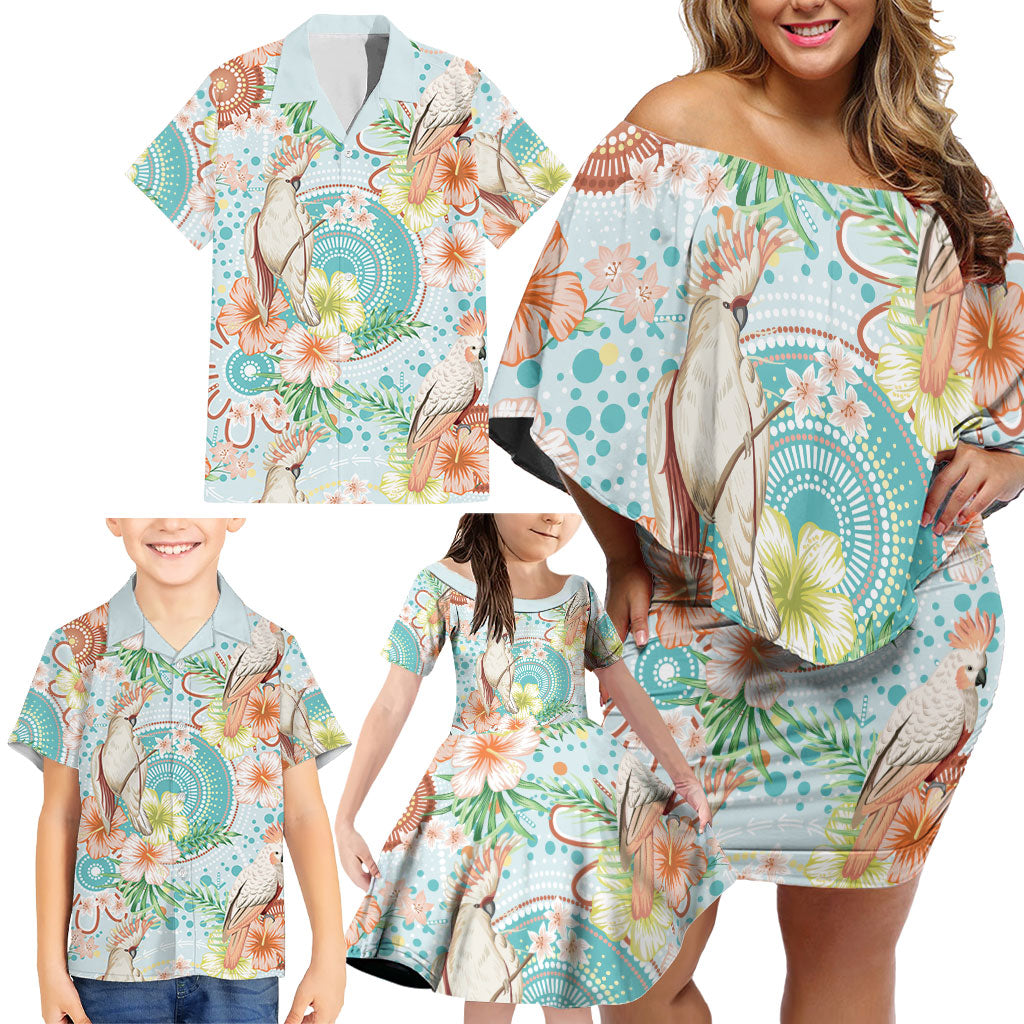 Australia Pink Cockatoo Aboriginal Art Family Matching Off Shoulder Short Dress and Hawaiian Shirt Tropical Hibiscus Floral Style