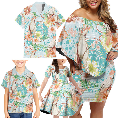 Australia Pink Cockatoo Aboriginal Art Family Matching Off Shoulder Short Dress and Hawaiian Shirt Tropical Hibiscus Floral Style