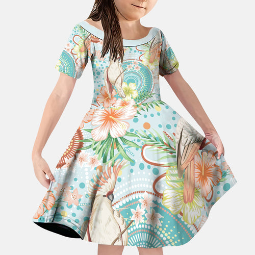 Australia Pink Cockatoo Aboriginal Art Family Matching Off Shoulder Short Dress and Hawaiian Shirt Tropical Hibiscus Floral Style