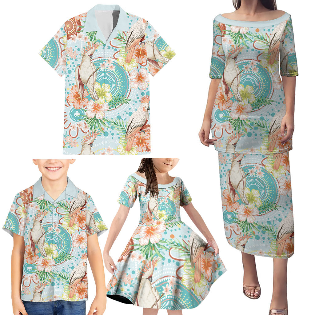Australia Pink Cockatoo Aboriginal Art Family Matching Puletasi and Hawaiian Shirt Tropical Hibiscus Floral Style