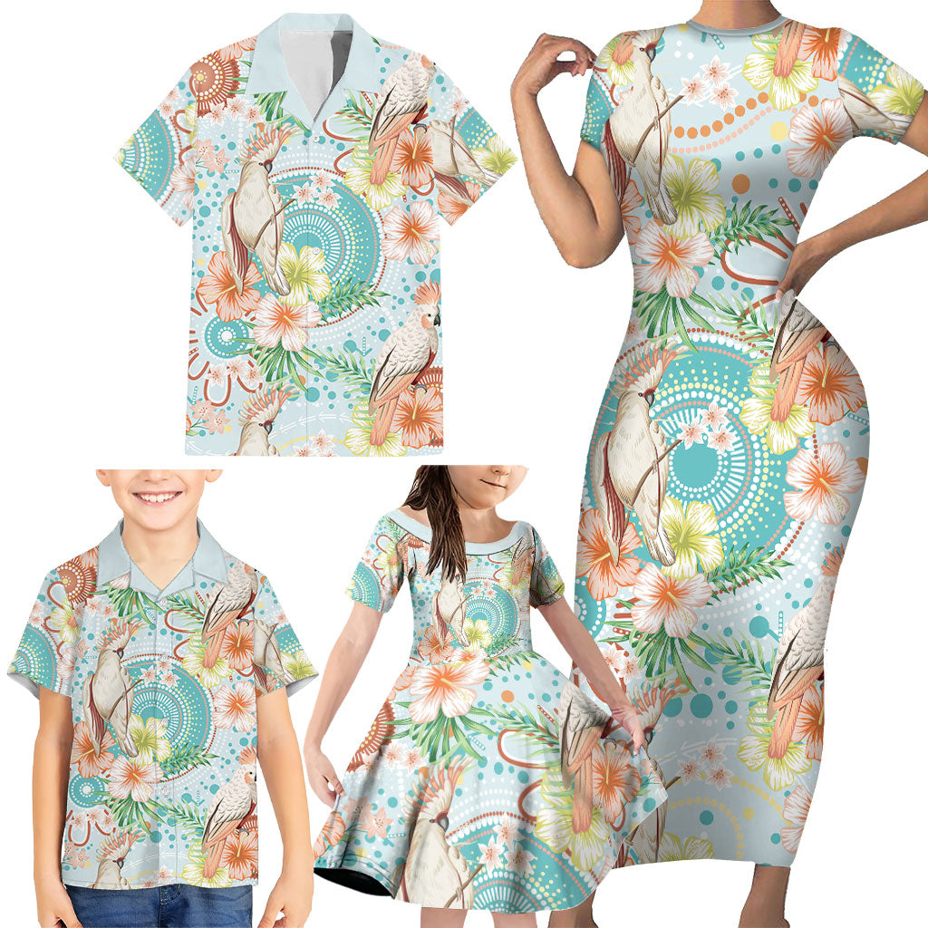Australia Pink Cockatoo Aboriginal Art Family Matching Short Sleeve Bodycon Dress and Hawaiian Shirt Tropical Hibiscus Floral Style