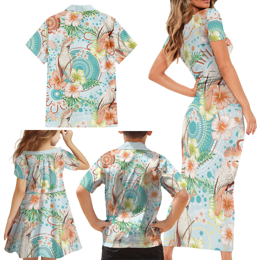 Australia Pink Cockatoo Aboriginal Art Family Matching Short Sleeve Bodycon Dress and Hawaiian Shirt Tropical Hibiscus Floral Style