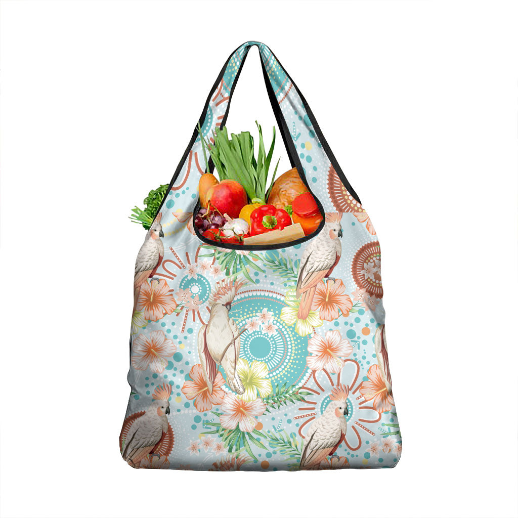 Australia Pink Cockatoo Aboriginal Art Grocery Bag Tropical Hibiscus Floral Style