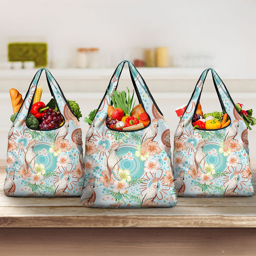 Australia Pink Cockatoo Aboriginal Art Grocery Bag Tropical Hibiscus Floral Style