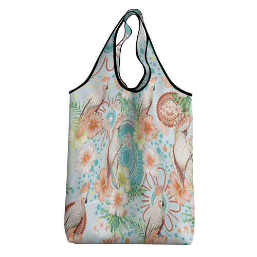 Australia Pink Cockatoo Aboriginal Art Grocery Bag Tropical Hibiscus Floral Style