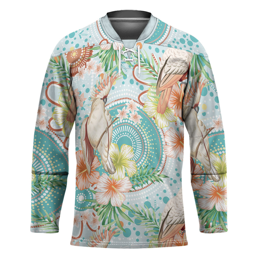 Australia Pink Cockatoo Aboriginal Art Hockey Jersey Tropical Hibiscus Floral Style