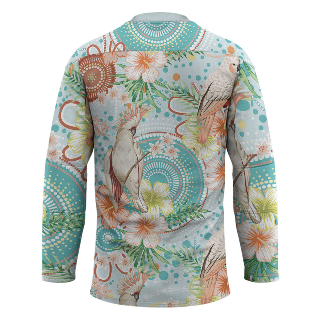 Australia Pink Cockatoo Aboriginal Art Hockey Jersey Tropical Hibiscus Floral Style