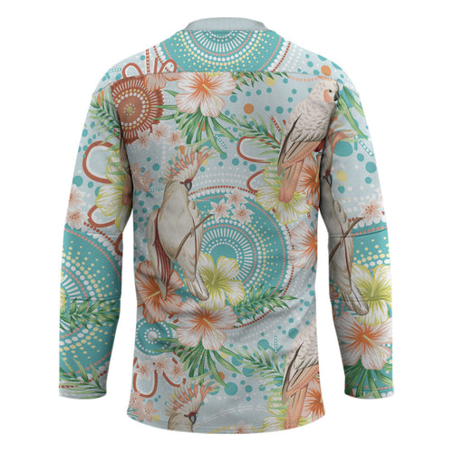 Australia Pink Cockatoo Aboriginal Art Hockey Jersey Tropical Hibiscus Floral Style