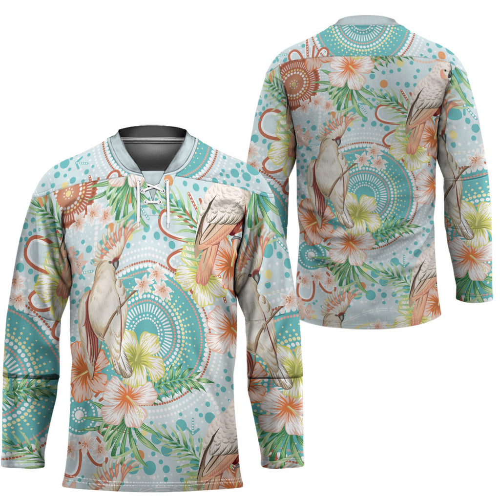 Australia Pink Cockatoo Aboriginal Art Hockey Jersey Tropical Hibiscus Floral Style