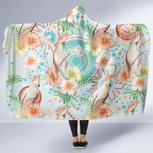 Australia Pink Cockatoo Aboriginal Art Hooded Blanket Tropical Hibiscus Floral Style