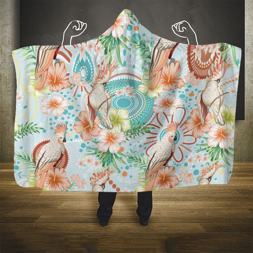 Australia Pink Cockatoo Aboriginal Art Hooded Blanket Tropical Hibiscus Floral Style