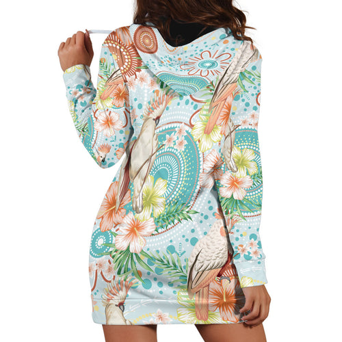 Australia Pink Cockatoo Aboriginal Art Hoodie Dress Tropical Hibiscus Floral Style