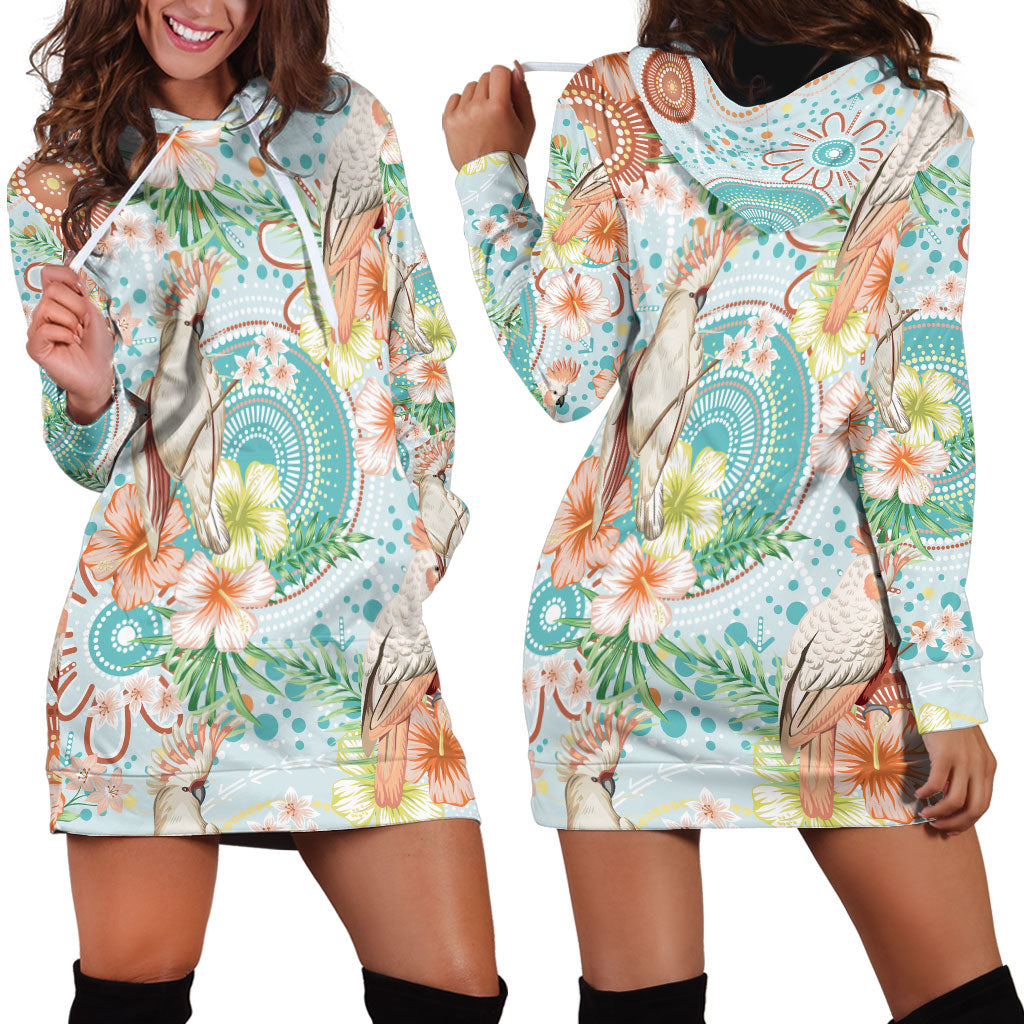 Australia Pink Cockatoo Aboriginal Art Hoodie Dress Tropical Hibiscus Floral Style