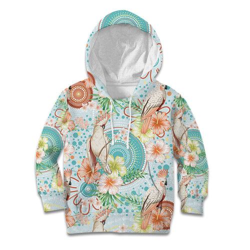 Australia Pink Cockatoo Aboriginal Art Kid Hoodie Tropical Hibiscus Floral Style