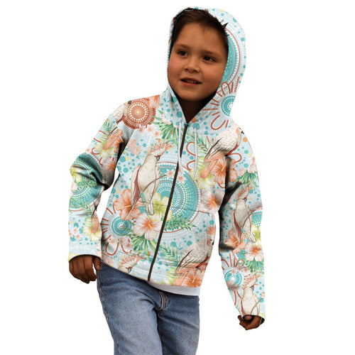 Australia Pink Cockatoo Aboriginal Art Kid Hoodie Tropical Hibiscus Floral Style