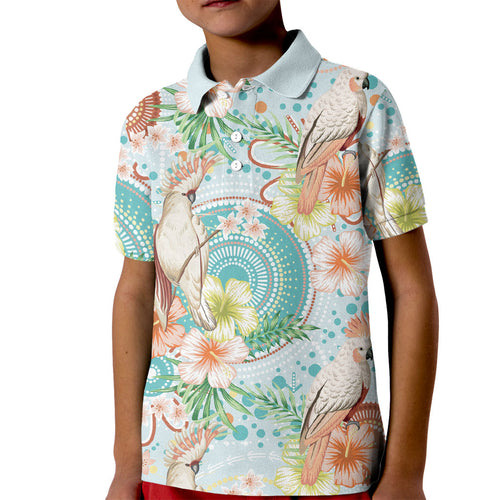 Australia Pink Cockatoo Aboriginal Art Kid Polo Shirt Tropical Hibiscus Floral Style