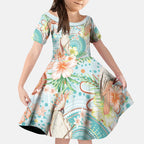 Australia Pink Cockatoo Aboriginal Art Kid Short Sleeve Dress Tropical Hibiscus Floral Style