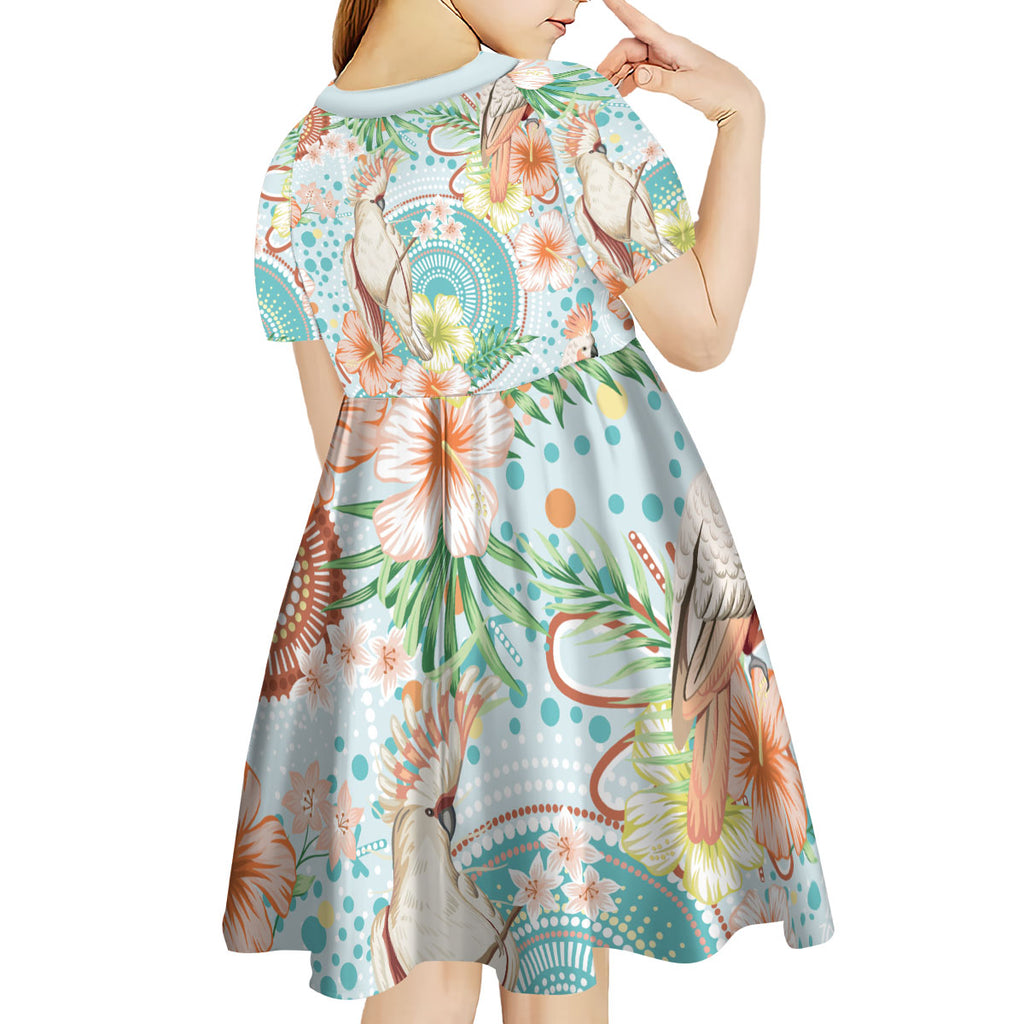 Australia Pink Cockatoo Aboriginal Art Kid Short Sleeve Dress Tropical Hibiscus Floral Style