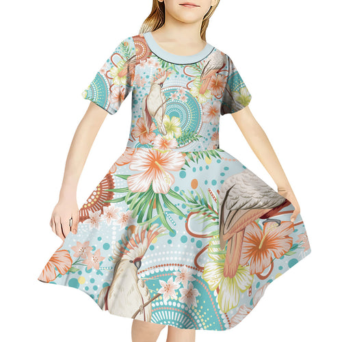 Australia Pink Cockatoo Aboriginal Art Kid Short Sleeve Dress Tropical Hibiscus Floral Style