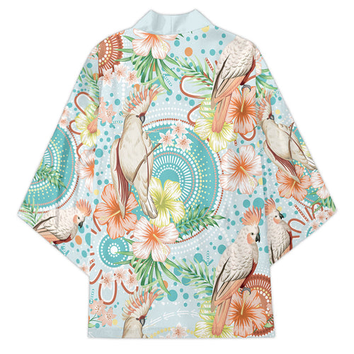 Australia Pink Cockatoo Aboriginal Art Kimono Tropical Hibiscus Floral Style