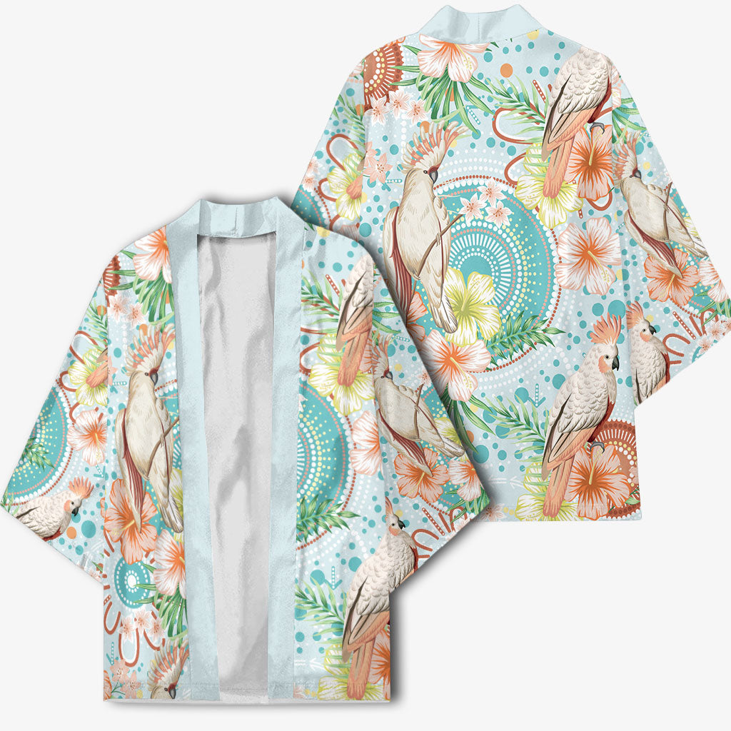 Australia Pink Cockatoo Aboriginal Art Kimono Tropical Hibiscus Floral Style