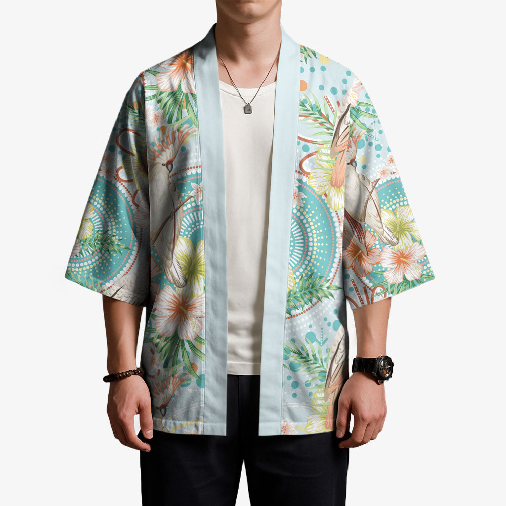 Australia Pink Cockatoo Aboriginal Art Kimono Tropical Hibiscus Floral Style