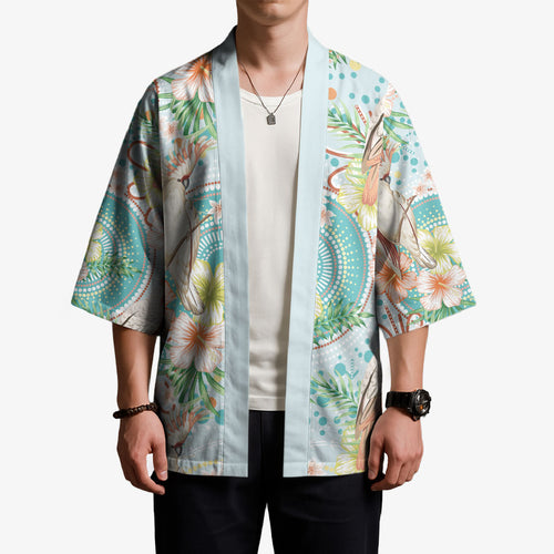 Australia Pink Cockatoo Aboriginal Art Kimono Tropical Hibiscus Floral Style