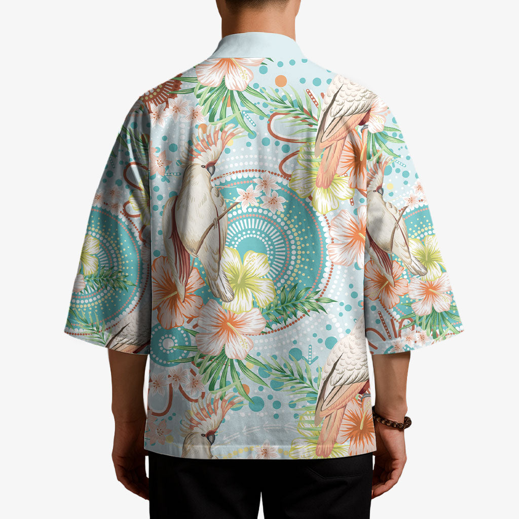 Australia Pink Cockatoo Aboriginal Art Kimono Tropical Hibiscus Floral Style