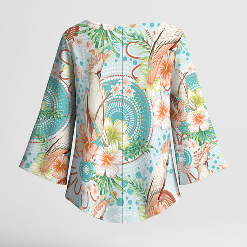 Australia Pink Cockatoo Aboriginal Art Kimono Sleeve Blouse Tropical Hibiscus Floral Style