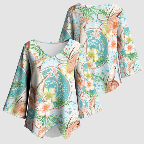 Australia Pink Cockatoo Aboriginal Art Kimono Sleeve Blouse Tropical Hibiscus Floral Style