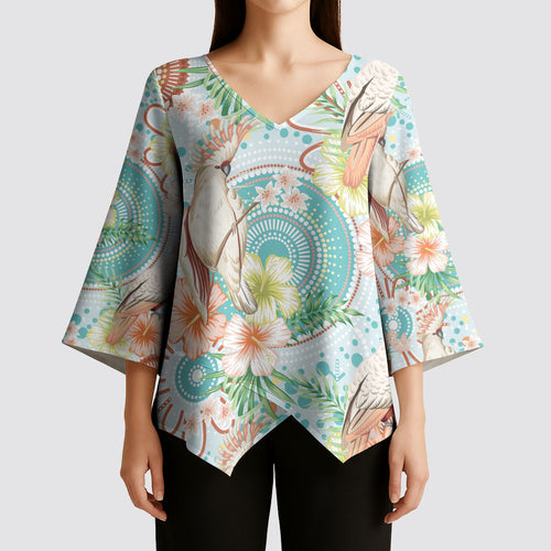 Australia Pink Cockatoo Aboriginal Art Kimono Sleeve Blouse Tropical Hibiscus Floral Style