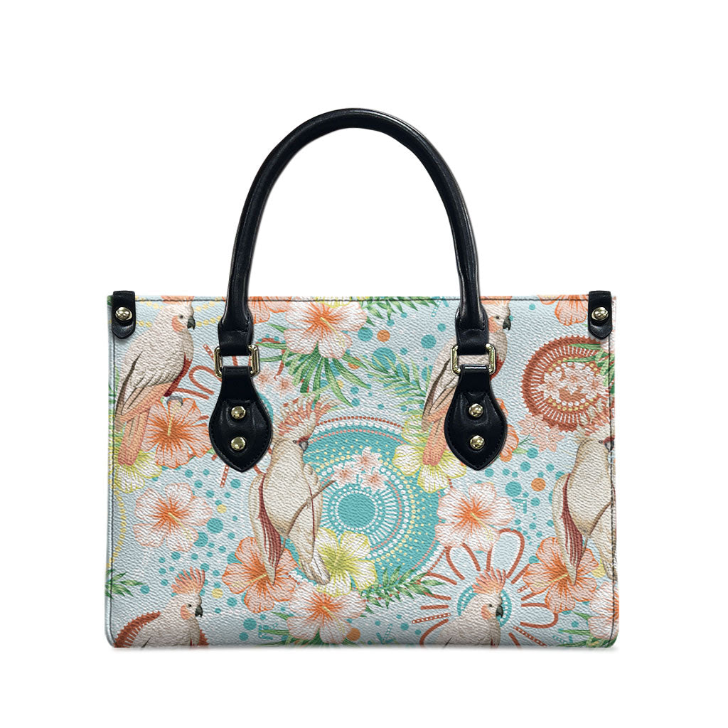 Australia Pink Cockatoo Aboriginal Art Leather Bag Tropical Hibiscus Floral Style