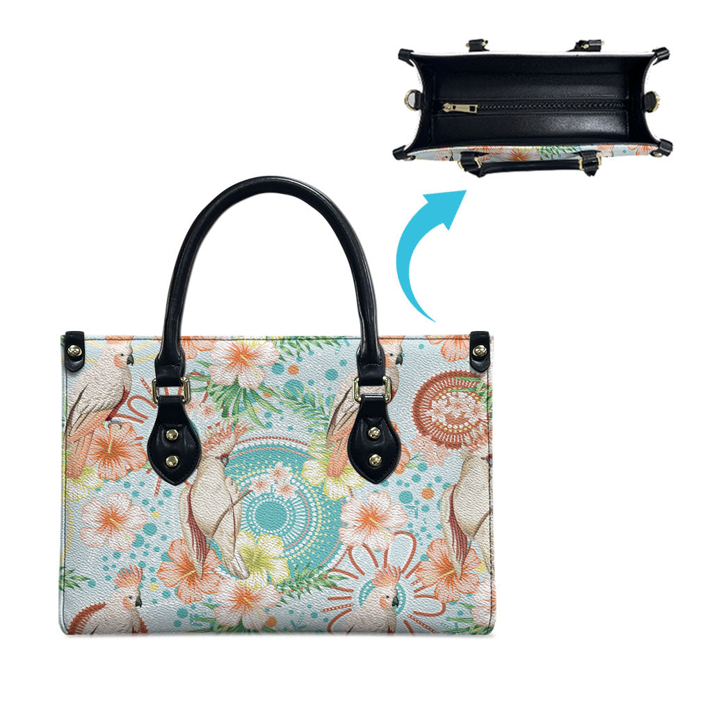 Australia Pink Cockatoo Aboriginal Art Leather Bag Tropical Hibiscus Floral Style
