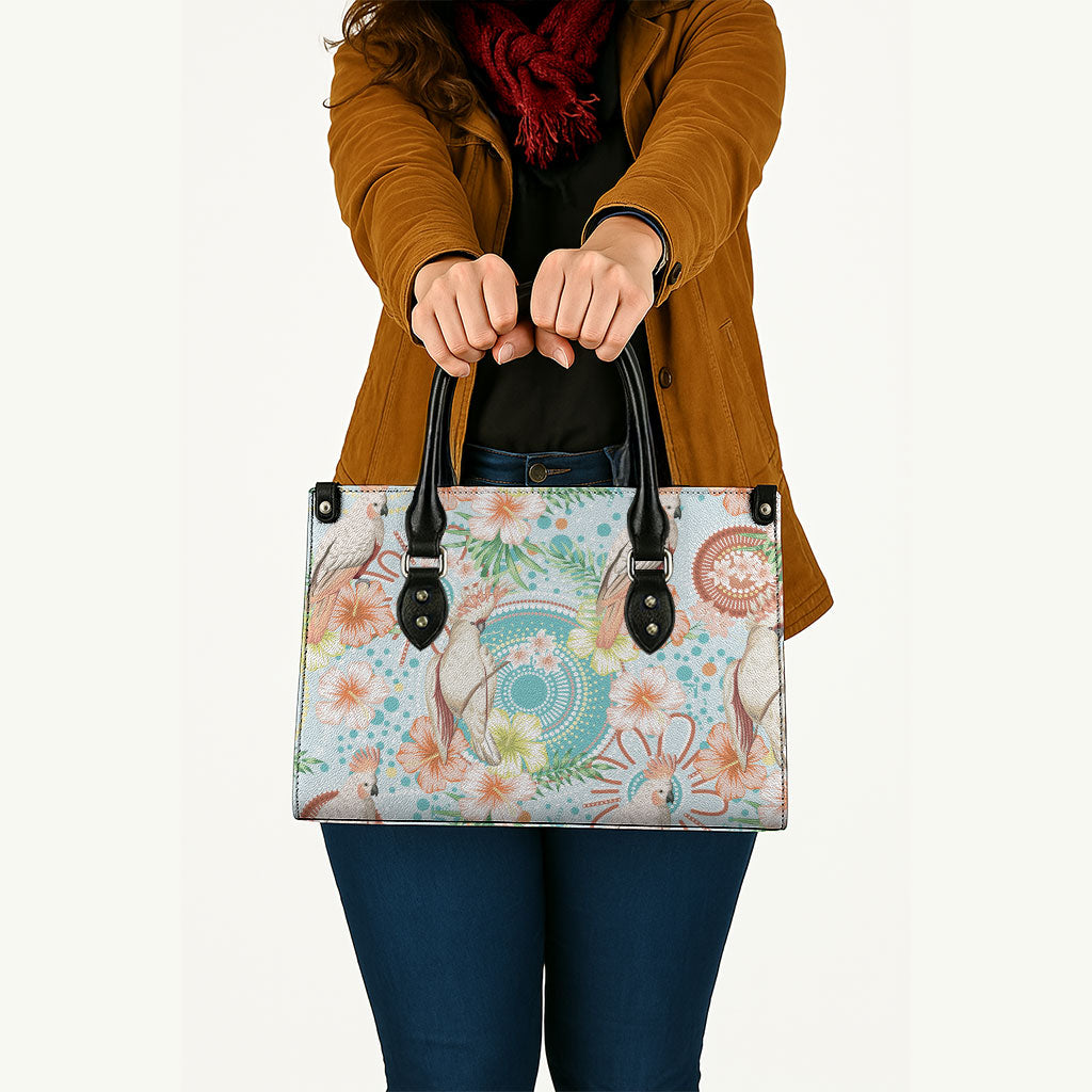 Australia Pink Cockatoo Aboriginal Art Leather Bag Tropical Hibiscus Floral Style