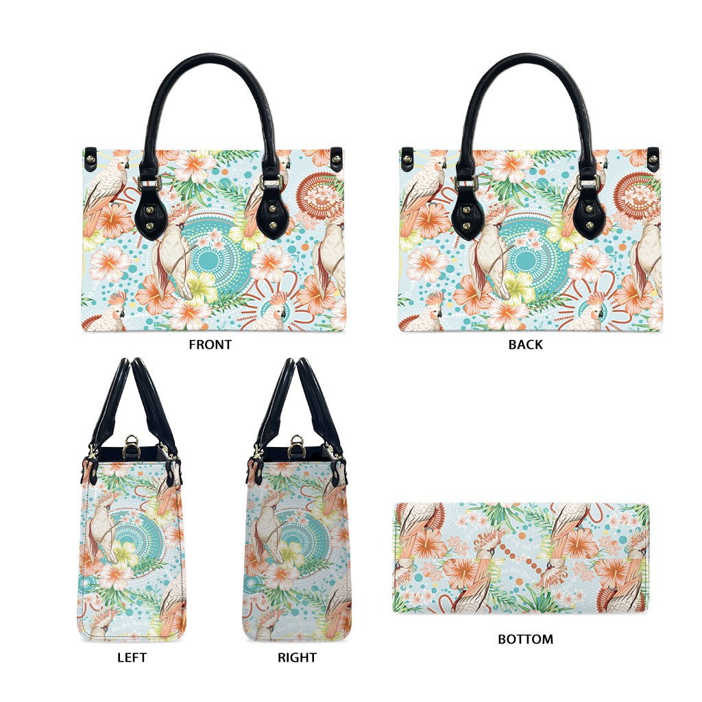 Australia Pink Cockatoo Aboriginal Art Leather Bag Tropical Hibiscus Floral Style