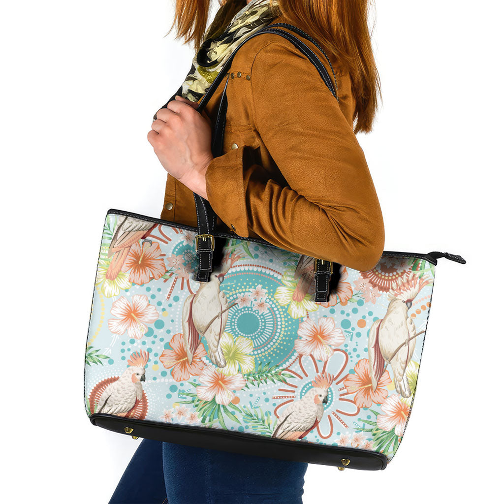 Australia Pink Cockatoo Aboriginal Art Leather Tote Bag Tropical Hibiscus Floral Style