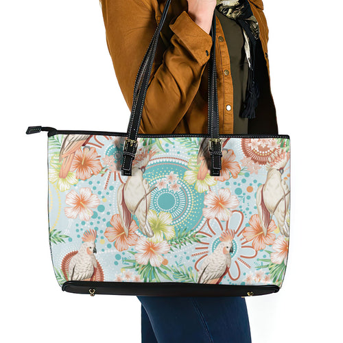 Australia Pink Cockatoo Aboriginal Art Leather Tote Bag Tropical Hibiscus Floral Style