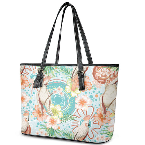 Australia Pink Cockatoo Aboriginal Art Leather Tote Bag Tropical Hibiscus Floral Style