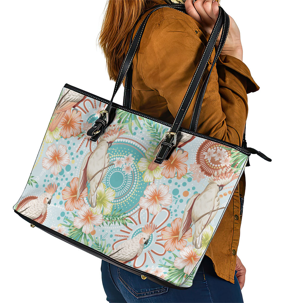 Australia Pink Cockatoo Aboriginal Art Leather Tote Bag Tropical Hibiscus Floral Style