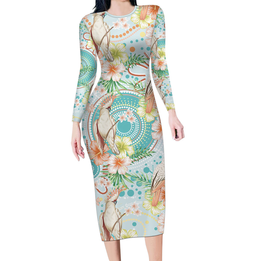 Australia Pink Cockatoo Aboriginal Art Long Sleeve Bodycon Dress Tropical Hibiscus Floral Style