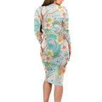 Australia Pink Cockatoo Aboriginal Art Long Sleeve Bodycon Dress Tropical Hibiscus Floral Style