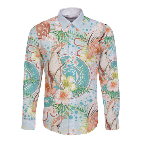 Australia Pink Cockatoo Aboriginal Art Long Sleeve Button Shirt Tropical Hibiscus Floral Style