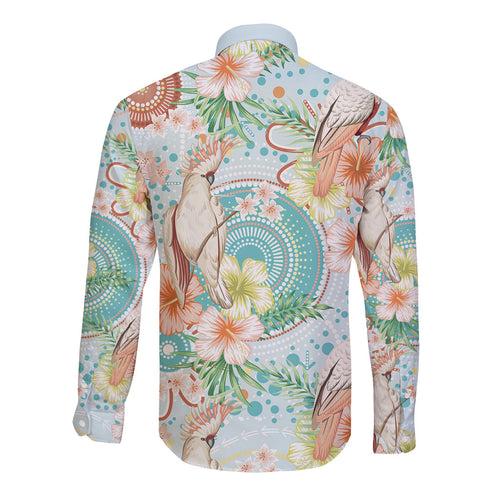 Australia Pink Cockatoo Aboriginal Art Long Sleeve Button Shirt Tropical Hibiscus Floral Style
