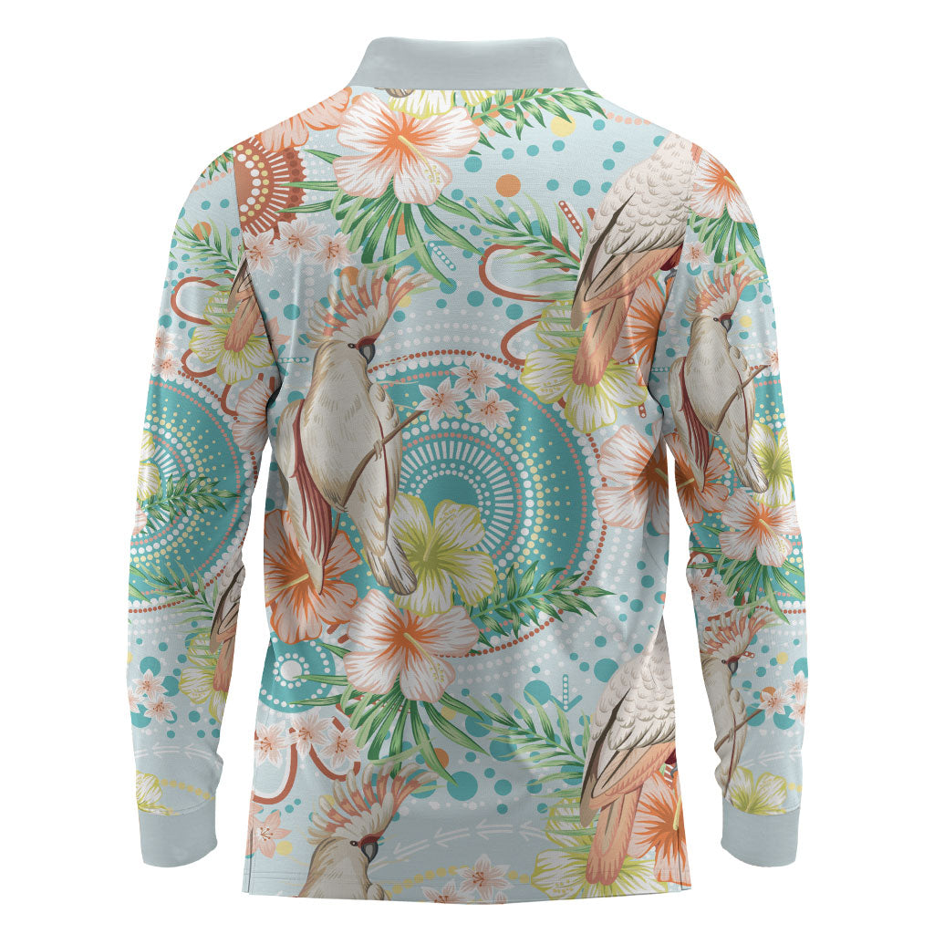 Australia Pink Cockatoo Aboriginal Art Long Sleeve Polo Shirt Tropical Hibiscus Floral Style