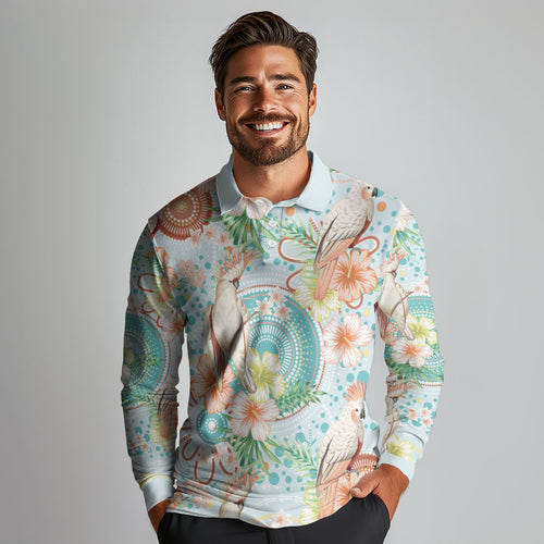 Australia Pink Cockatoo Aboriginal Art Long Sleeve Polo Shirt Tropical Hibiscus Floral Style