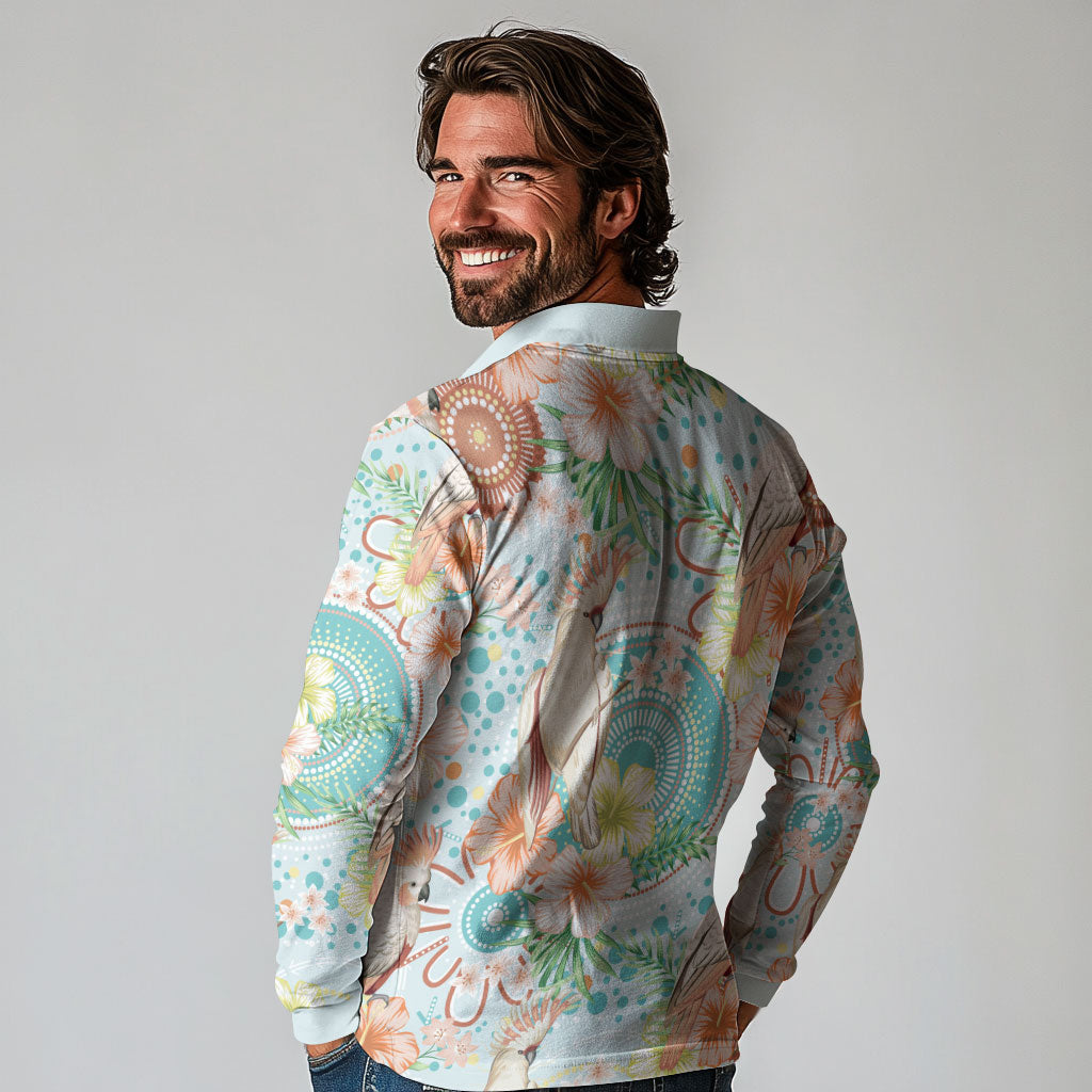 Australia Pink Cockatoo Aboriginal Art Long Sleeve Polo Shirt Tropical Hibiscus Floral Style
