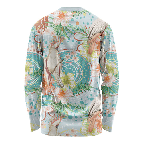 Australia Pink Cockatoo Aboriginal Art Long Sleeve Shirt Tropical Hibiscus Floral Style